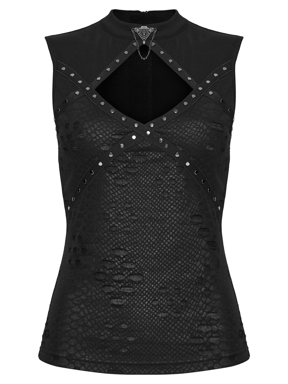 Alt Tag: Punk Hollow Studded Top with Snake Texture Panel black sleeveless stand collar, hollow cutouts, studded straps, chain badge