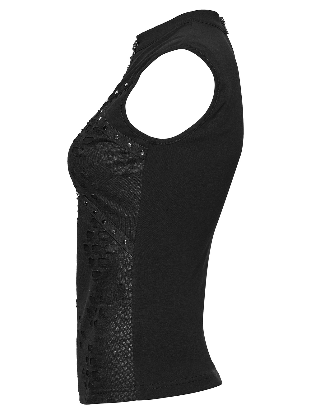 Alt Tag: Punk Hollow Studded Top with Snake Texture Panel side view, black sleeveless stand collar with chain badge, cutouts and studs
