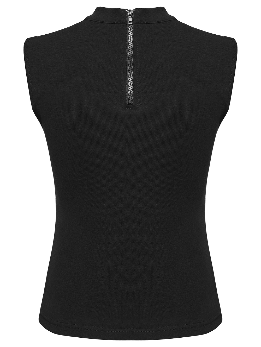 Alt Tag: Punk Hollow Studded Top with Snake Texture Panel back view, black sleeveless fitted top with stand collar and zipper