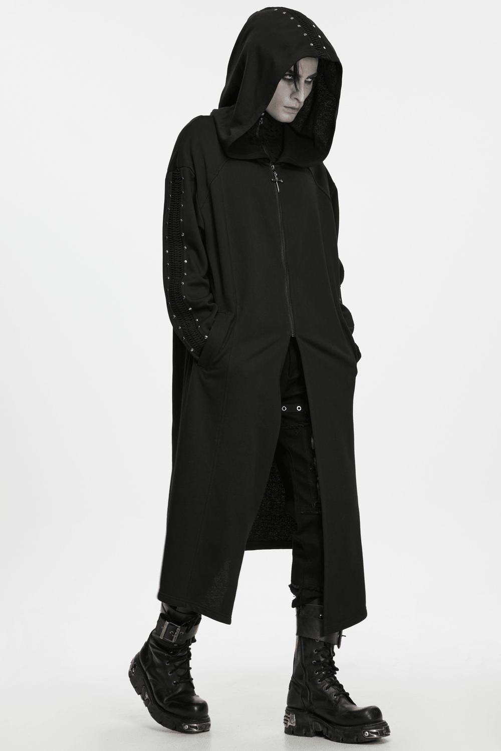 Men's Punk Hooded Coat with Studded Sleeves and Cross Pendant showcased in a dark aesthetic outfit.