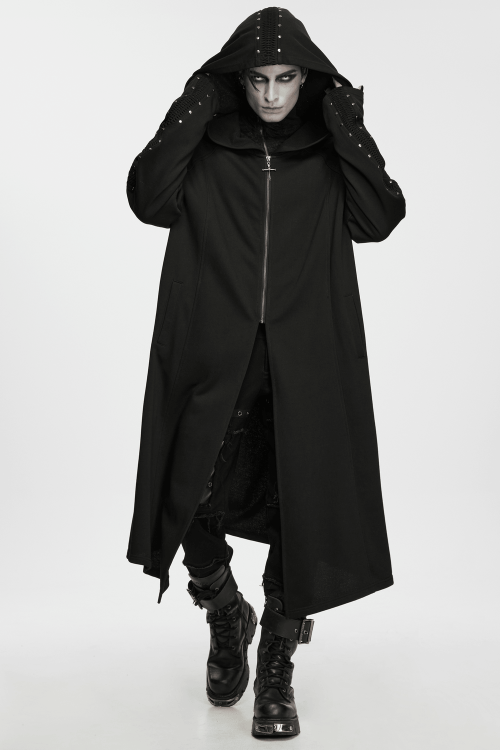 Punk Hooded Coat with Studded Sleeves and Cross Pendant worn by model showcasing its gothic style.
