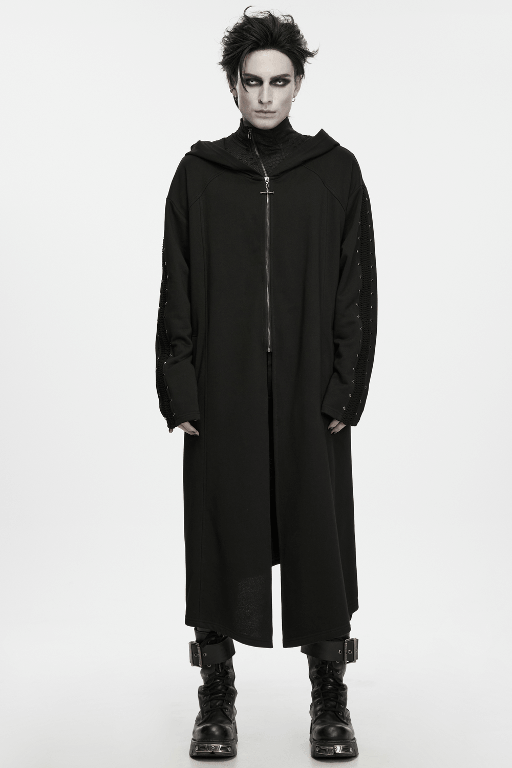 Punk Hooded Coat with Studded Sleeves and Cross Pendant worn by model showcasing dramatic silhouette and gothic style.