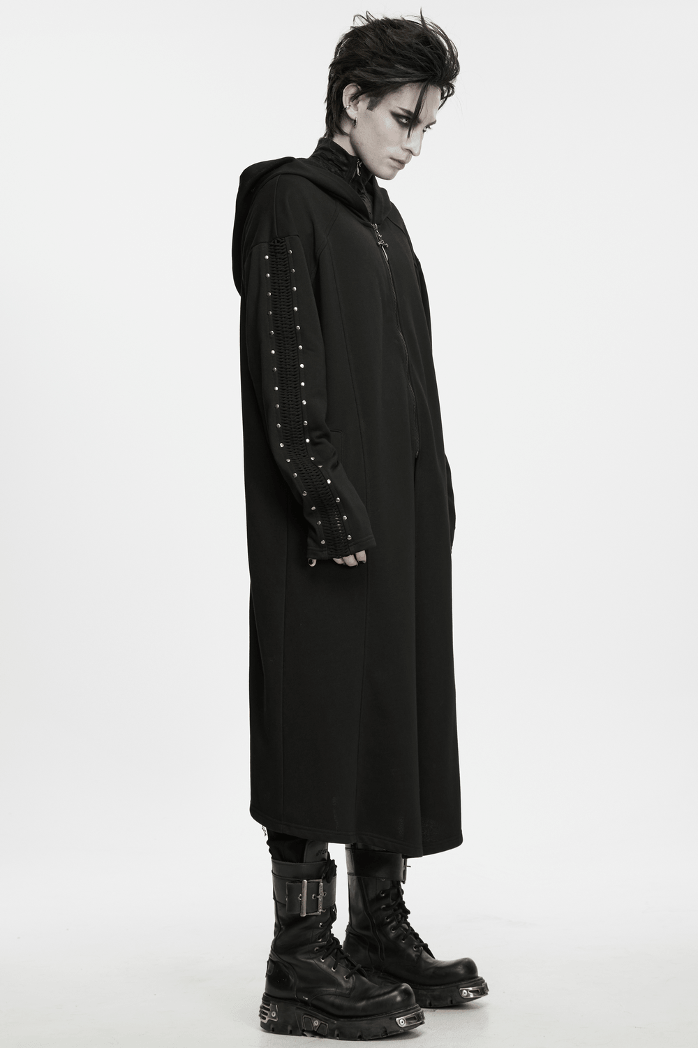 Punk Hooded Coat with Studded Sleeves and Cross Pendant worn by model, showcasing its sleek design and punk aesthetic.