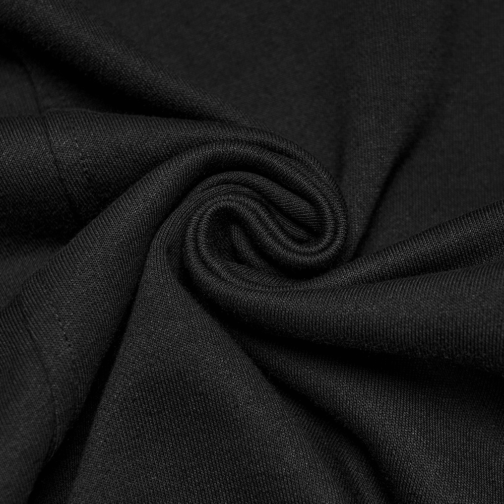 Punk Hooded Coat with Studded Sleeves and Cross Pendant fabric close-up showcasing the black cotton knit texture.