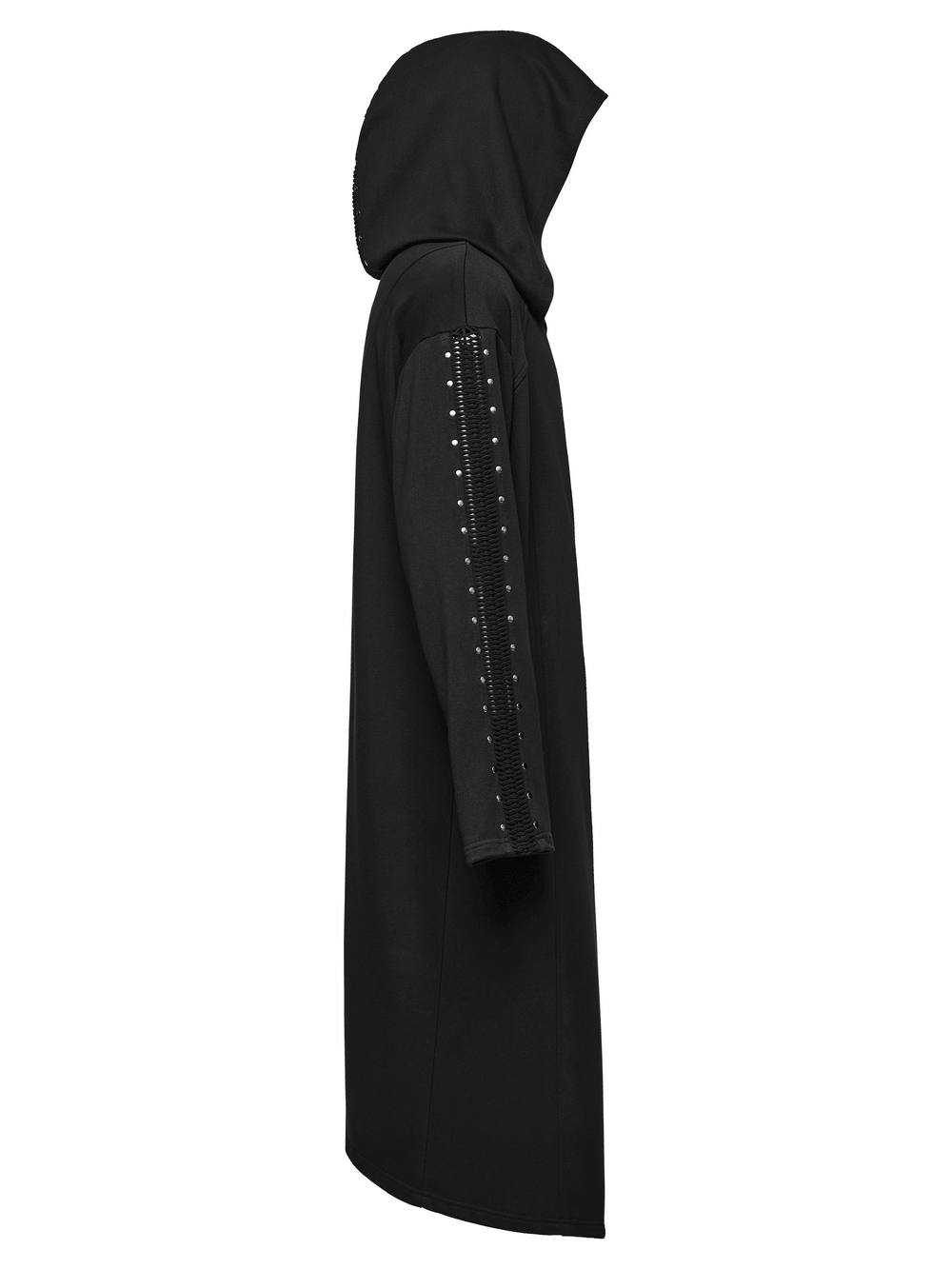 Punk Hooded Coat with Studded Sleeves and Cross Pendant showcasing studded sleeves and a striking hooded design.