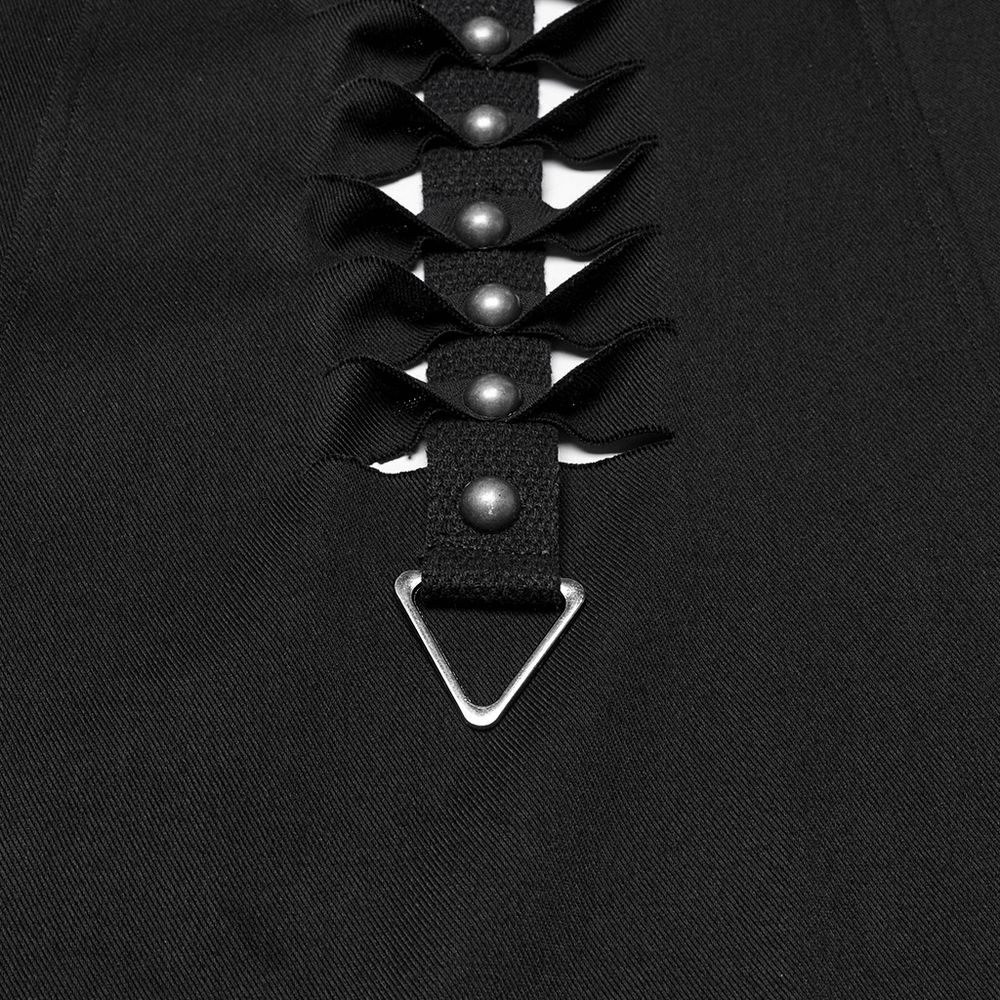 Close-up of punk hooded cape features, showcasing stylish loops and metallic accents on a black fabric.