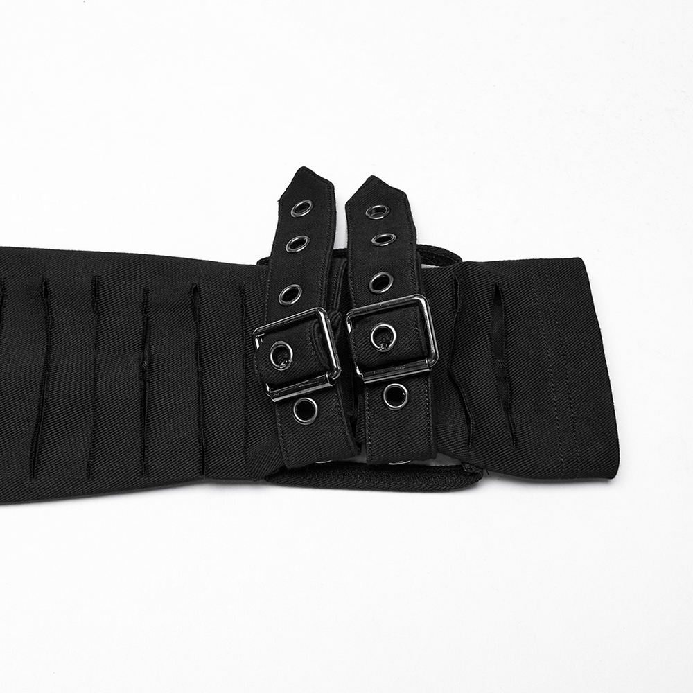 Detail of Punk Hooded Cape's stylish buckle and loop design, perfect for a bold fashion statement.