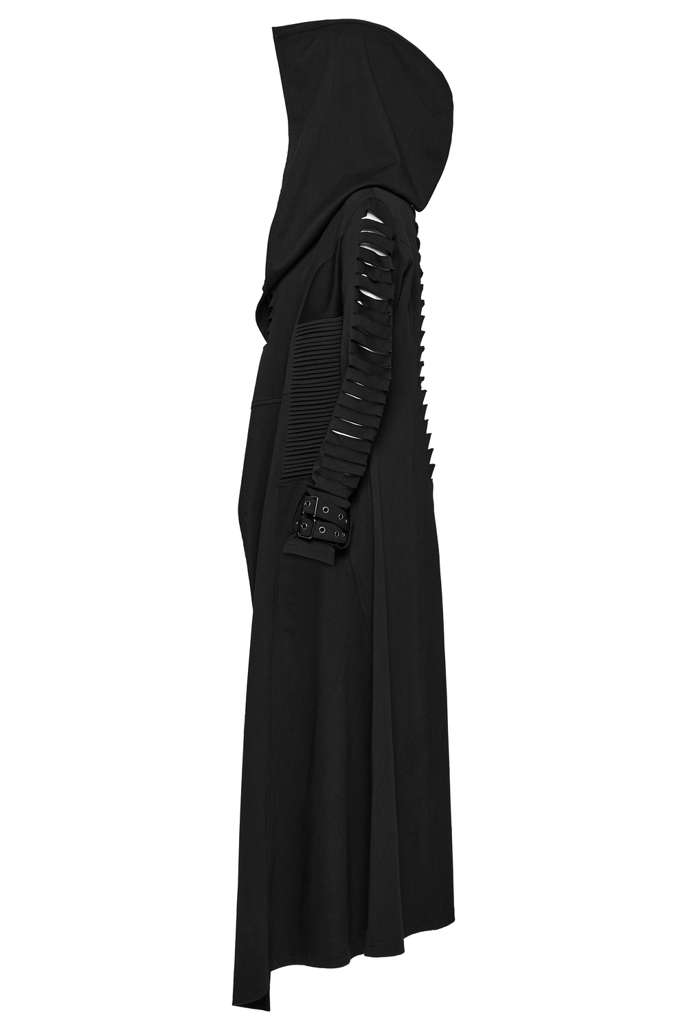 Punk hooded black cape with washed finish, strips on sleeves, and side pockets for a trendy look.
