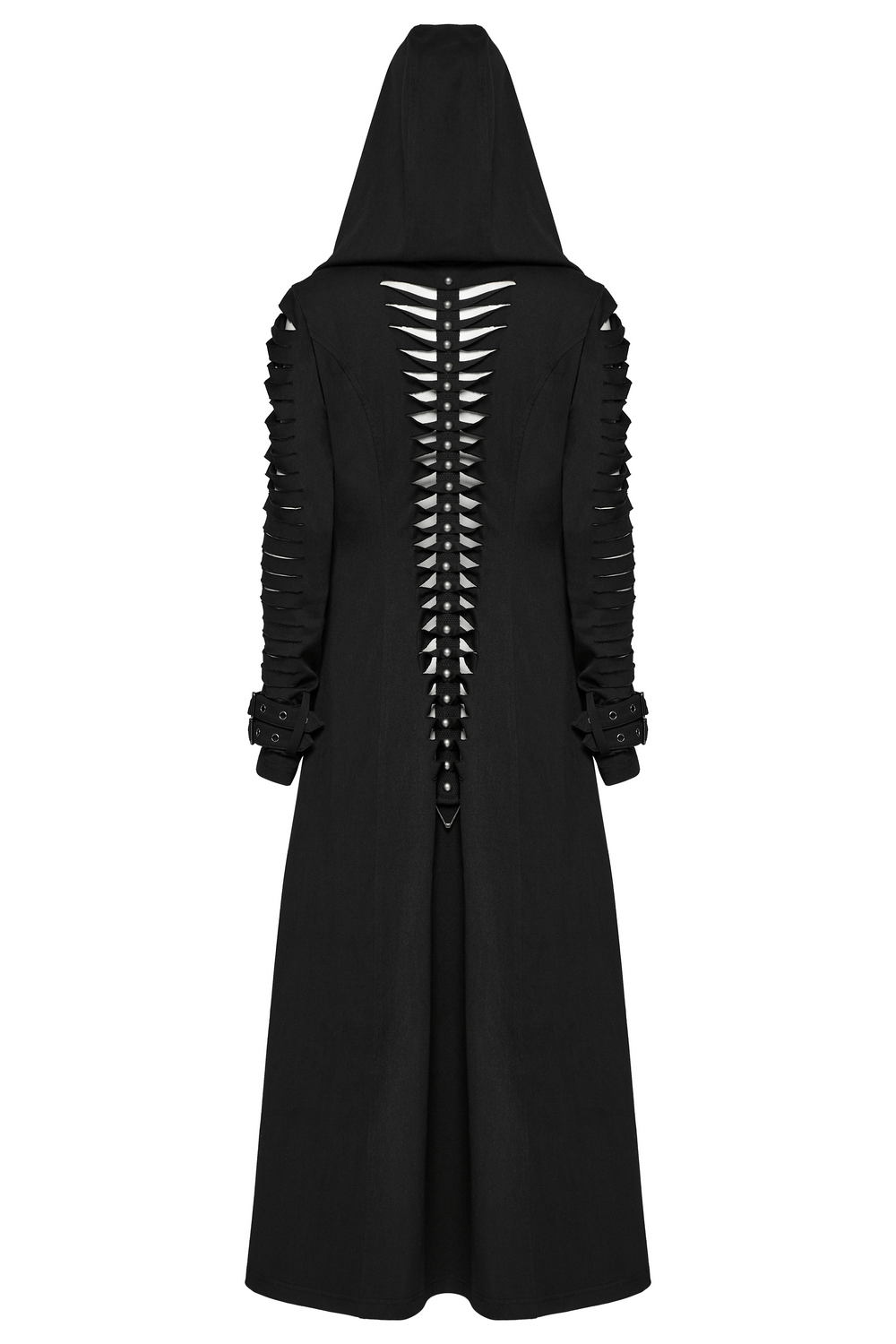 Punk hooded cut washed cape with side pockets and dramatic back design, perfect for edgy fashion lovers.