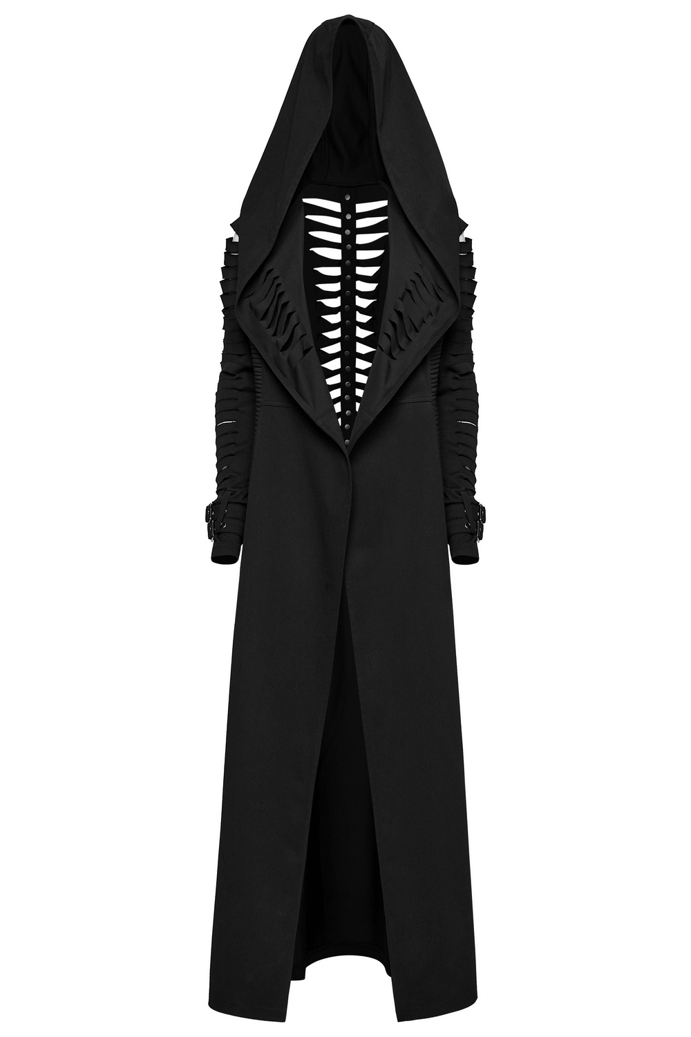 Punk hooded cut washed cape with side pockets, featuring unique ribbed design and dramatic silhouette.