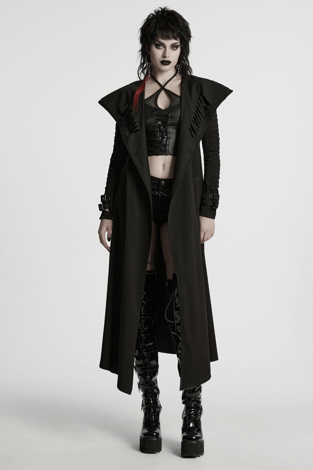 Punk hooded washed cape with side pockets and loops, perfect for edgy street style and a bold fashion statement.