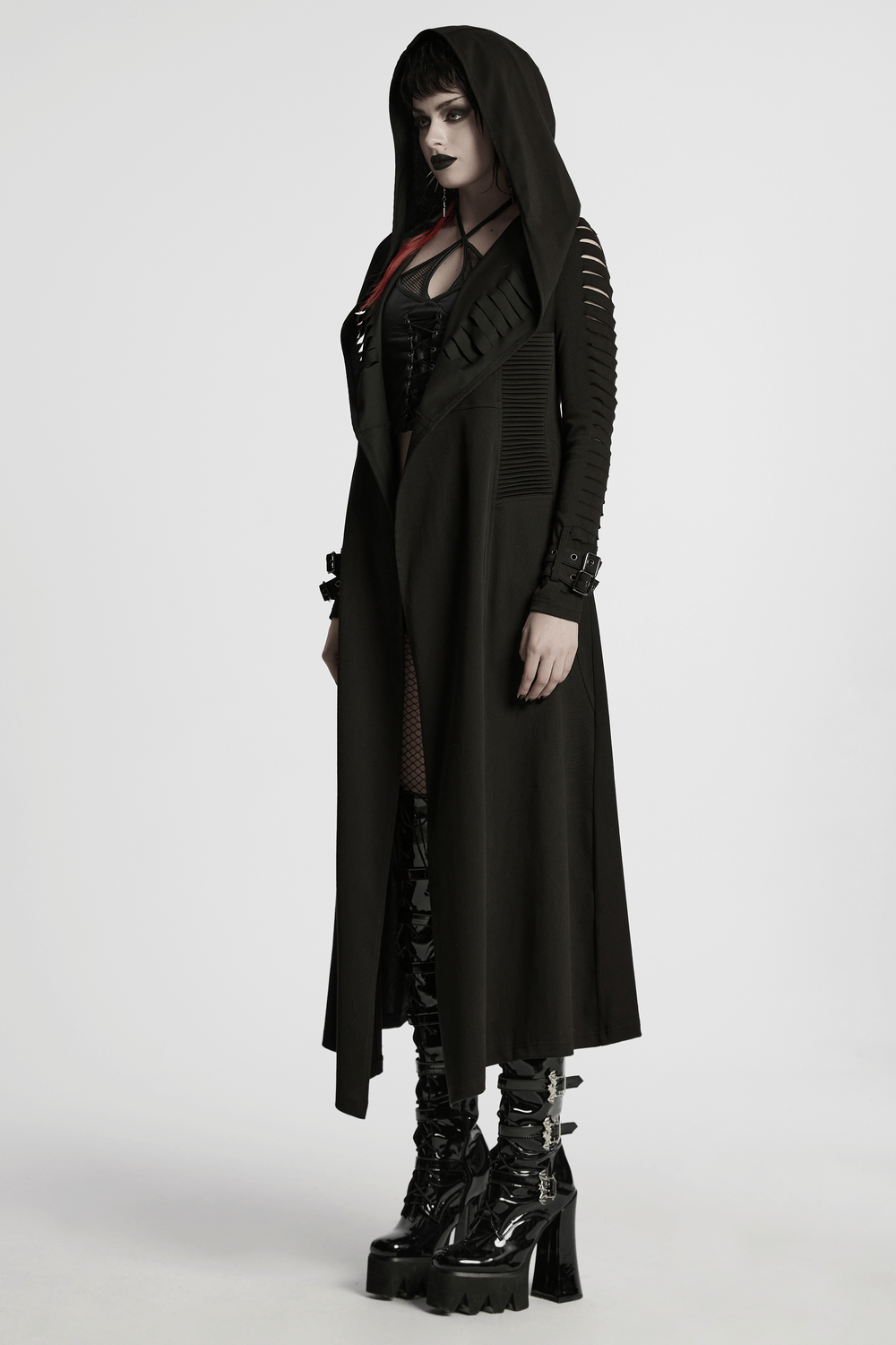Punk hooded cut washed cape featuring side pockets and stylish loops, perfect for an edgy look.