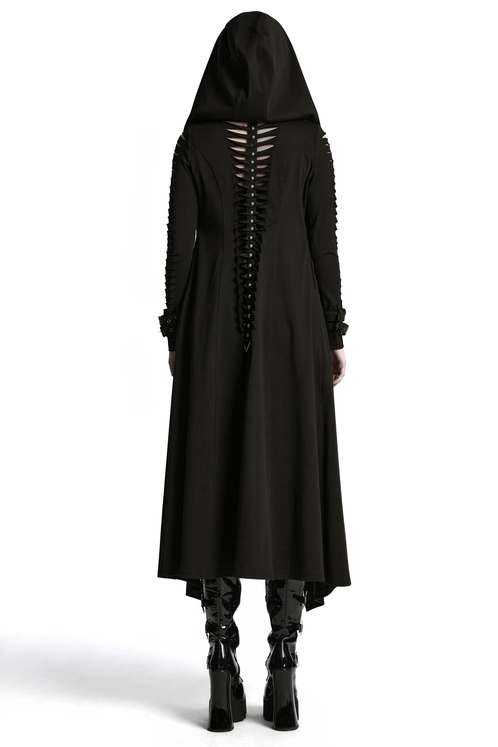 Punk hooded washed cape with side pockets, featuring a striking lace-up back detail and edgy silhouette.