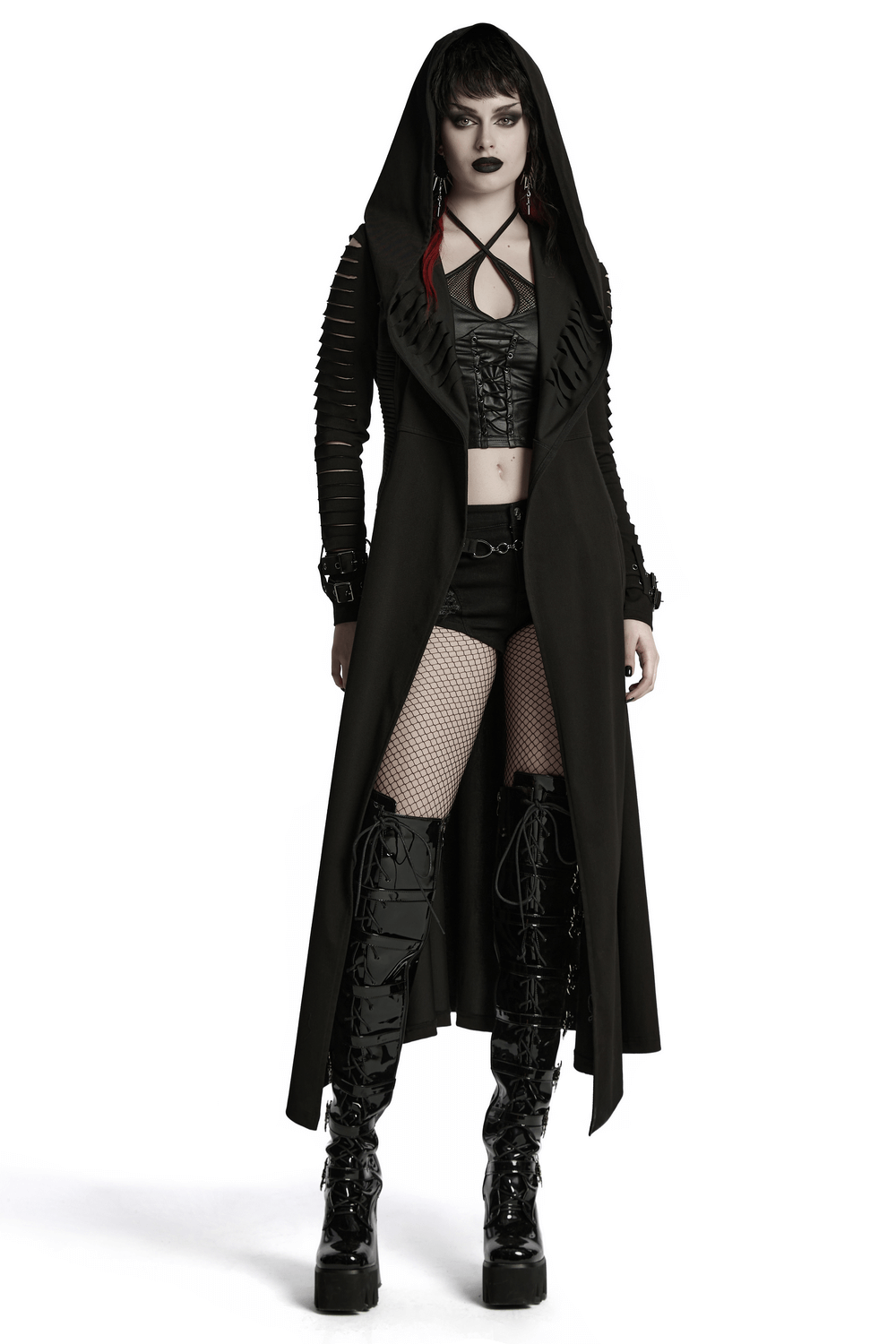 Punk hooded cape with side pockets, stylish black wash, perfect for edgy fashion enthusiasts.
