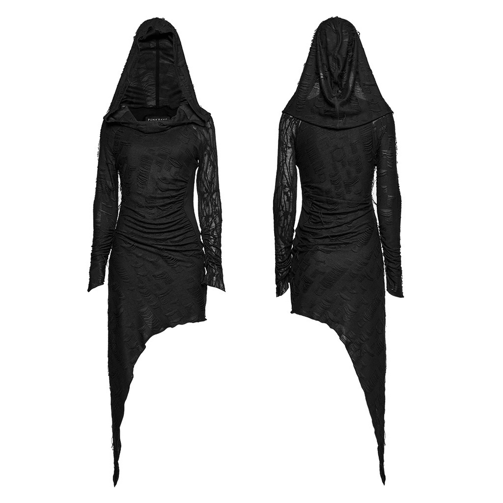 Punk hooded dress featuring an asymmetrical hem and textured mesh for a bold, edgy style.