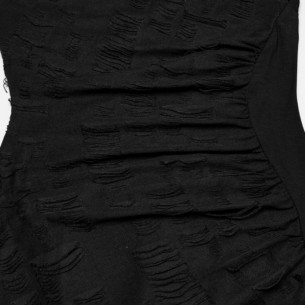 Close-up of textured mesh with tattered details in a black punk hooded dress, highlighting its edgy design.