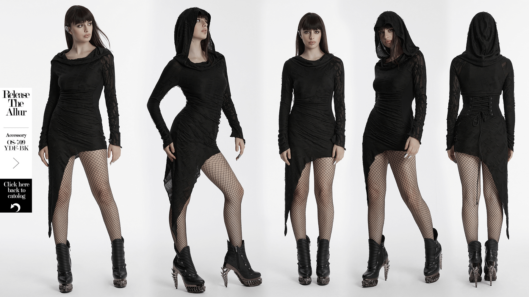 Stylish punk hooded dress featuring asymmetrical hem and textured mesh, perfect for an edgy look.