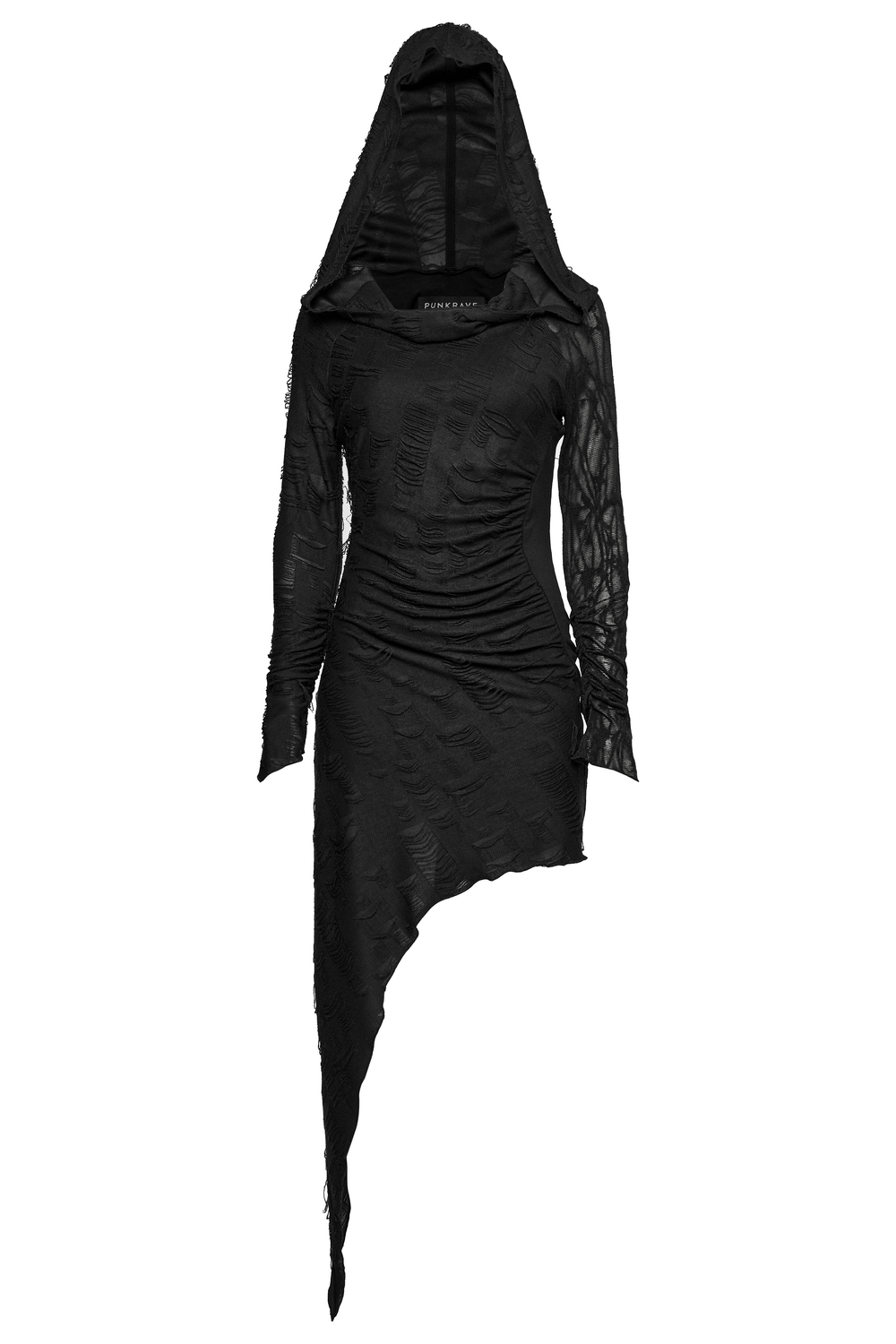 Punk hooded dress with asymmetrical hem, featuring tattered mesh and a flattering slim fit for a bold, edgy look.