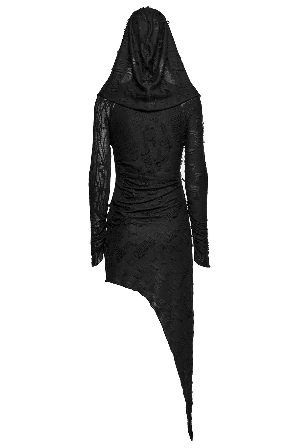 Back view of punk hooded dress with asymmetrical hem and textured mesh showcasing its unique style.