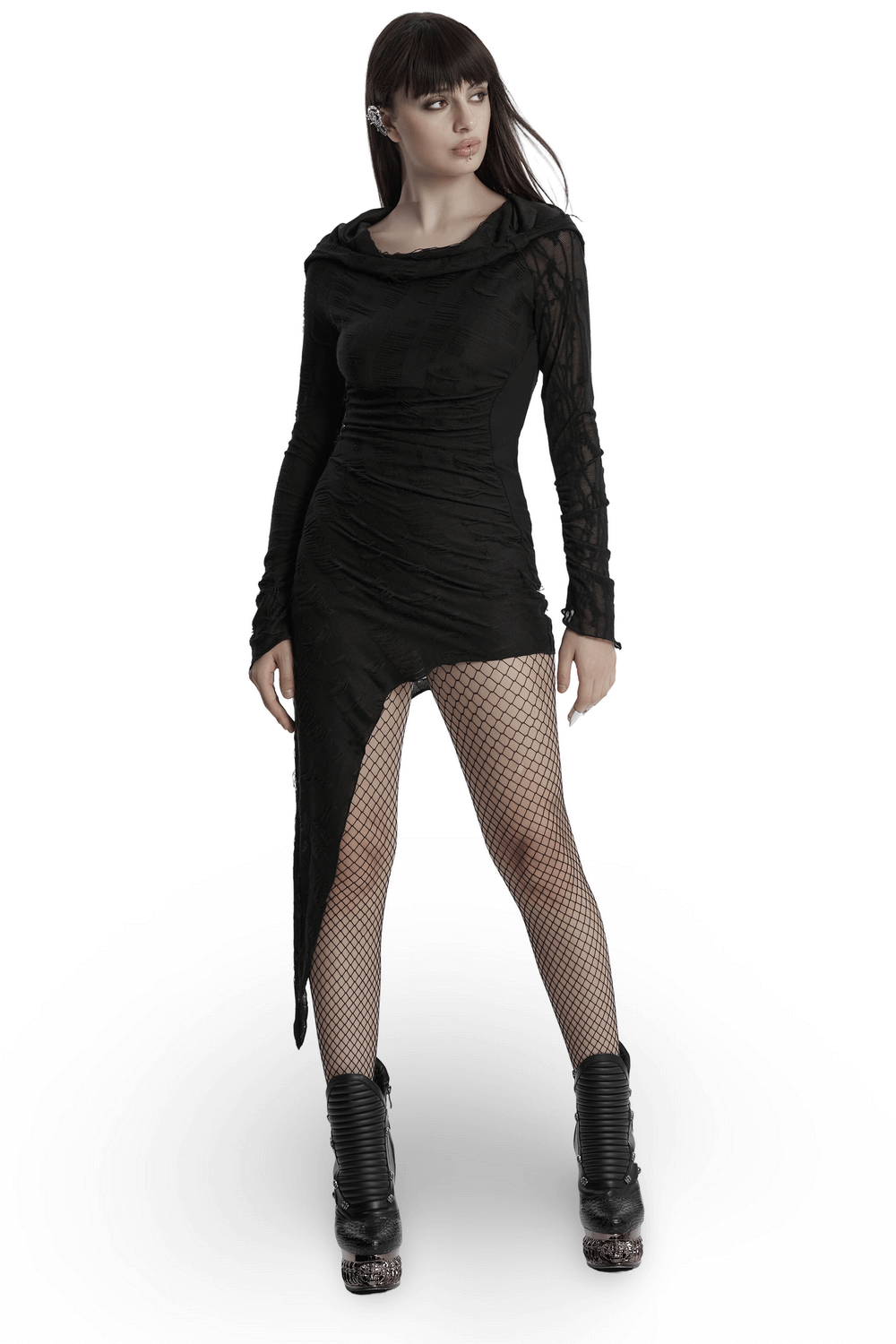 Punk hooded dress with asymmetrical hem and textured mesh, styled with fishnet tights and edgy ankle boots.