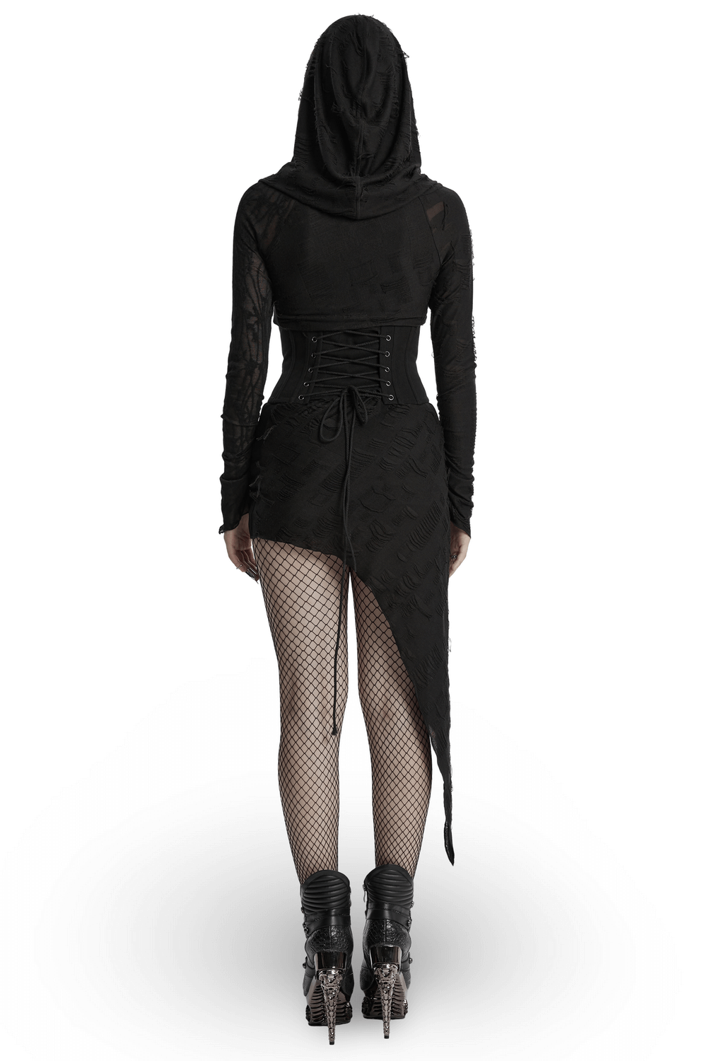 Back view of a stylish punk hooded dress with asymmetrical hem and textured mesh, paired with fishnet stockings.