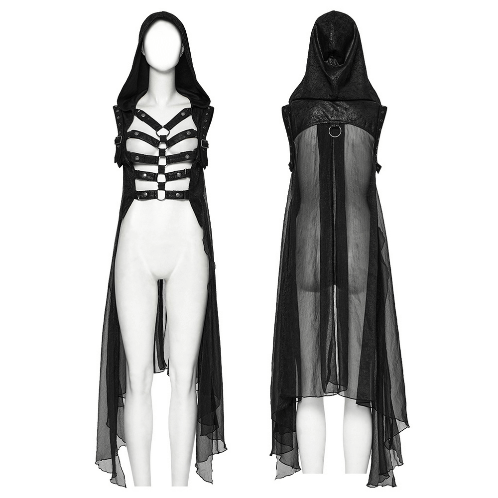 Punk hooded skeleton cape with metal rings and webbing, featuring a striking hollow skeleton design.