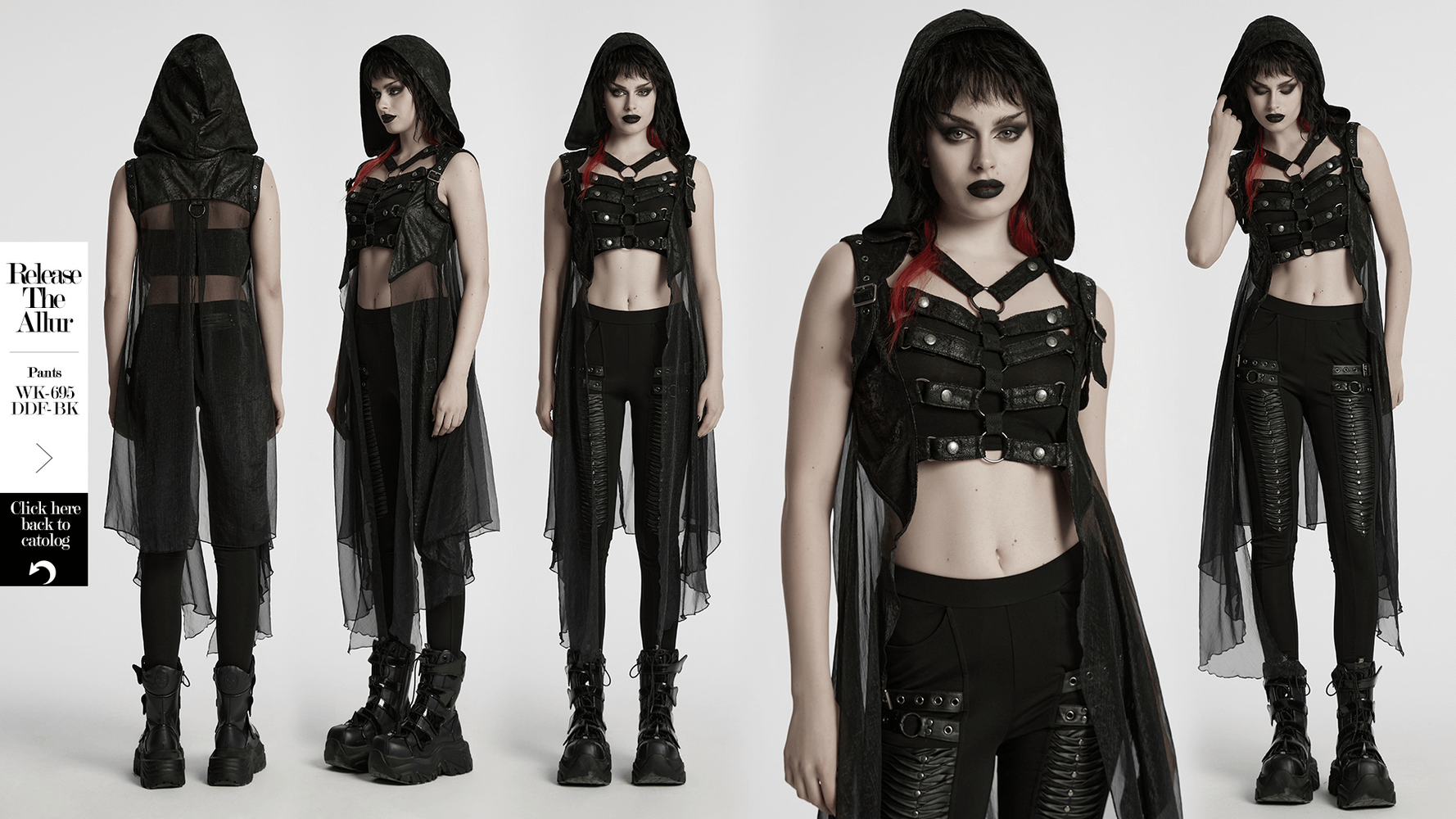 Punk hooded skeleton cape with metal rings, chiffon details, and buckles for a fierce edgy look.