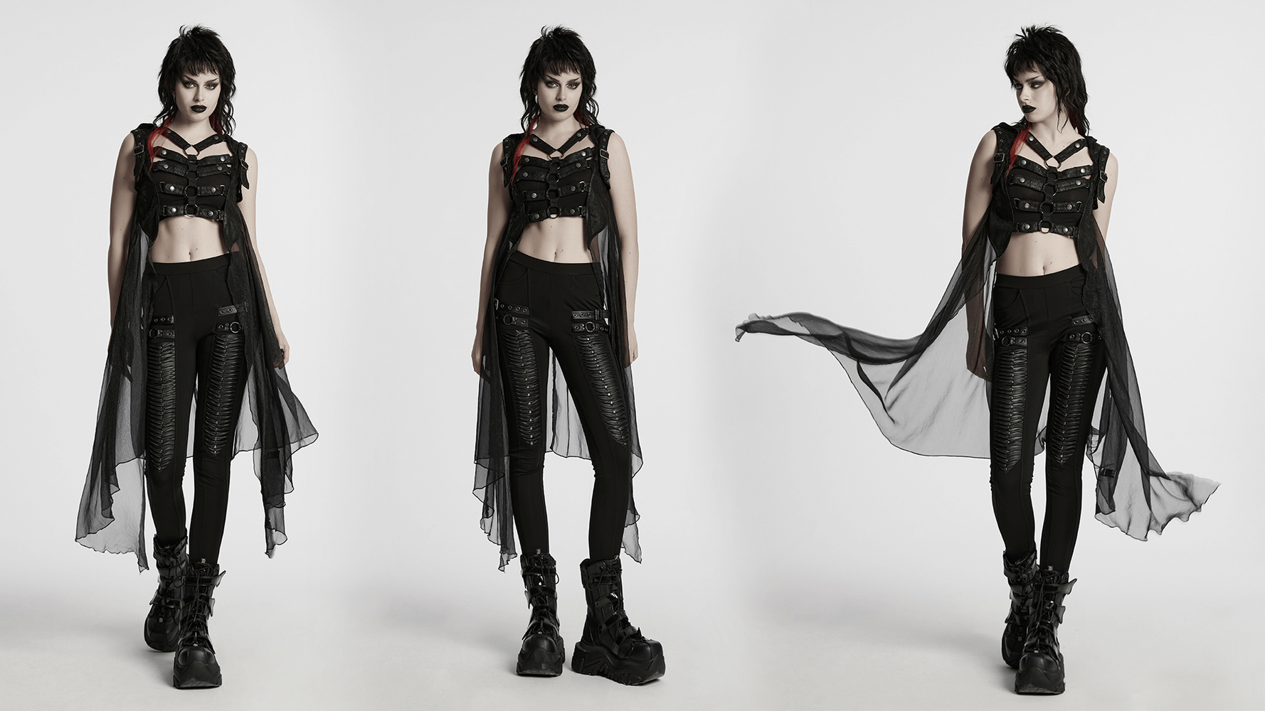 Punk hooded skeleton cape with metal rings, buckles, and chiffon, showcasing an edgy look.