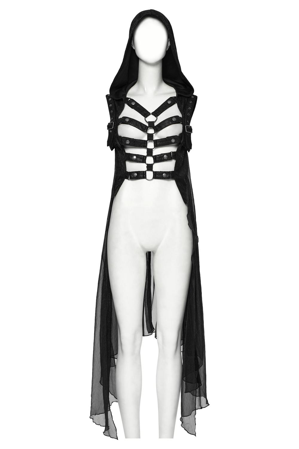 Edgy punk hooded skeleton cape with buckles, metal rings, and chiffon for a fierce look.