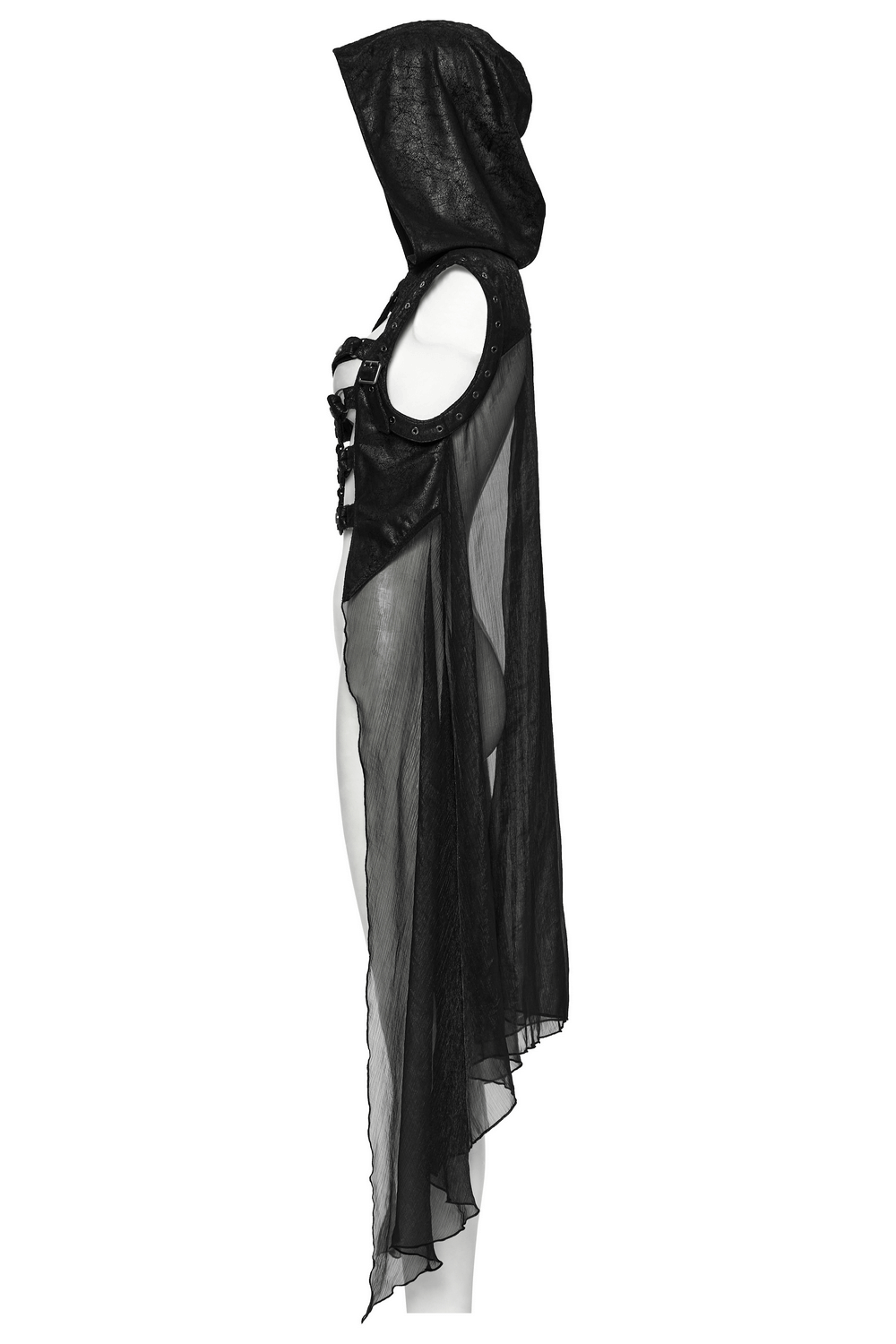 Side view of punk hooded skeleton cape with cracked faux leather and chiffon, featuring metal rings and webbing.
