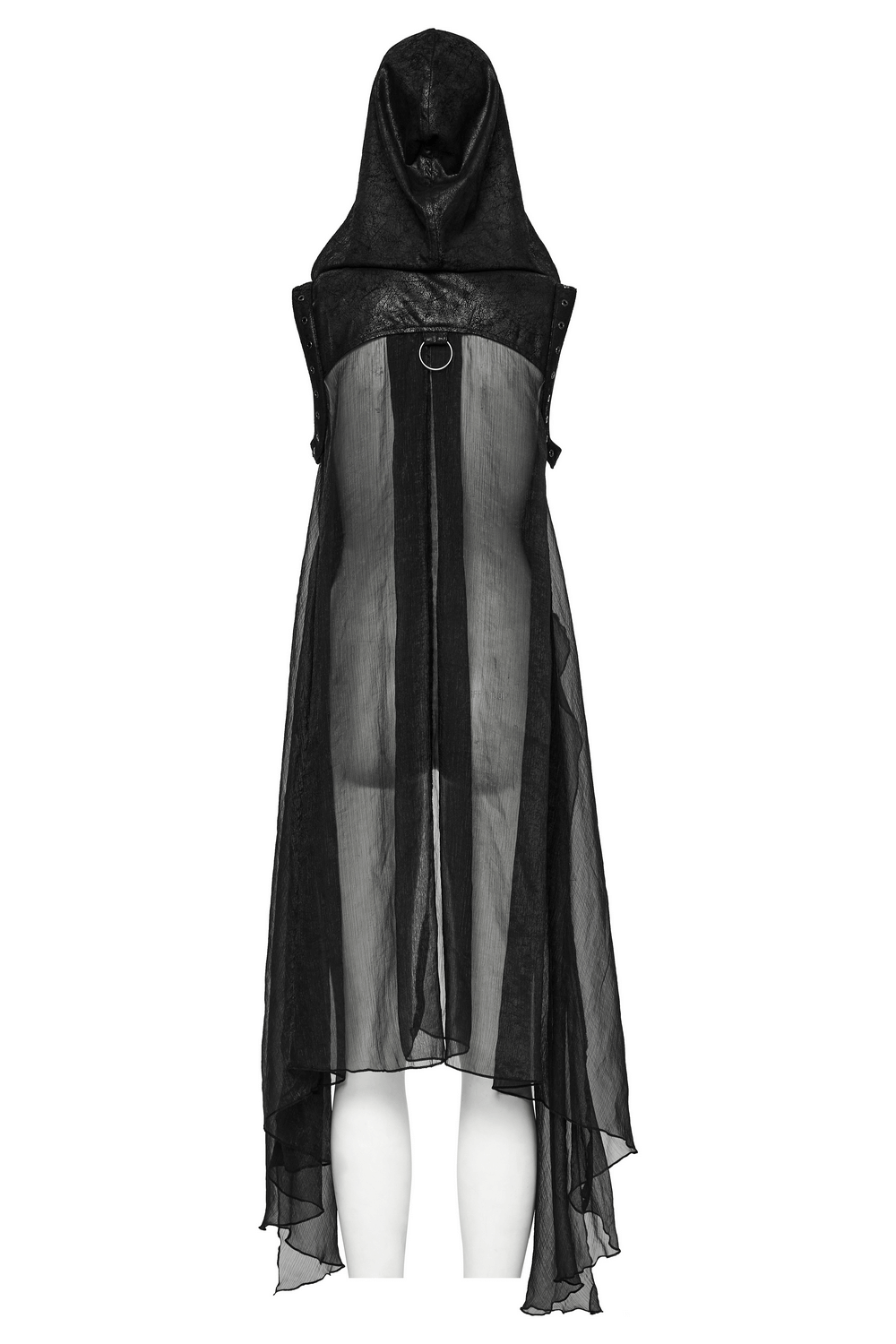 Punk hooded skeleton cape featuring chiffon and buckles with metal rings for an edgy look.