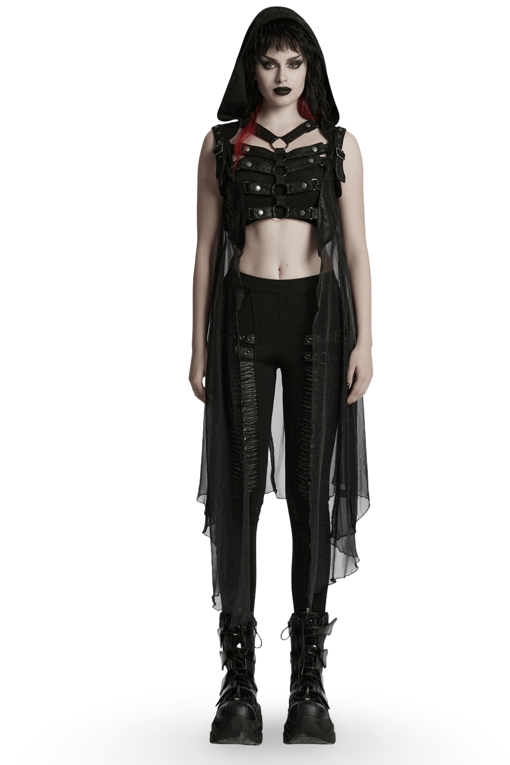 Punk hooded skeleton cape with metal rings, featuring cracks and chiffon for an edgy, stylish look.