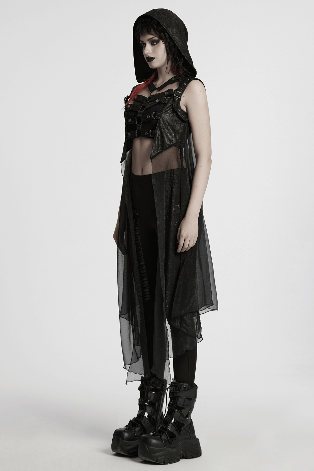 Punk hooded skeleton cape with metal rings, showcasing edgy hollow design and stylish buckles.