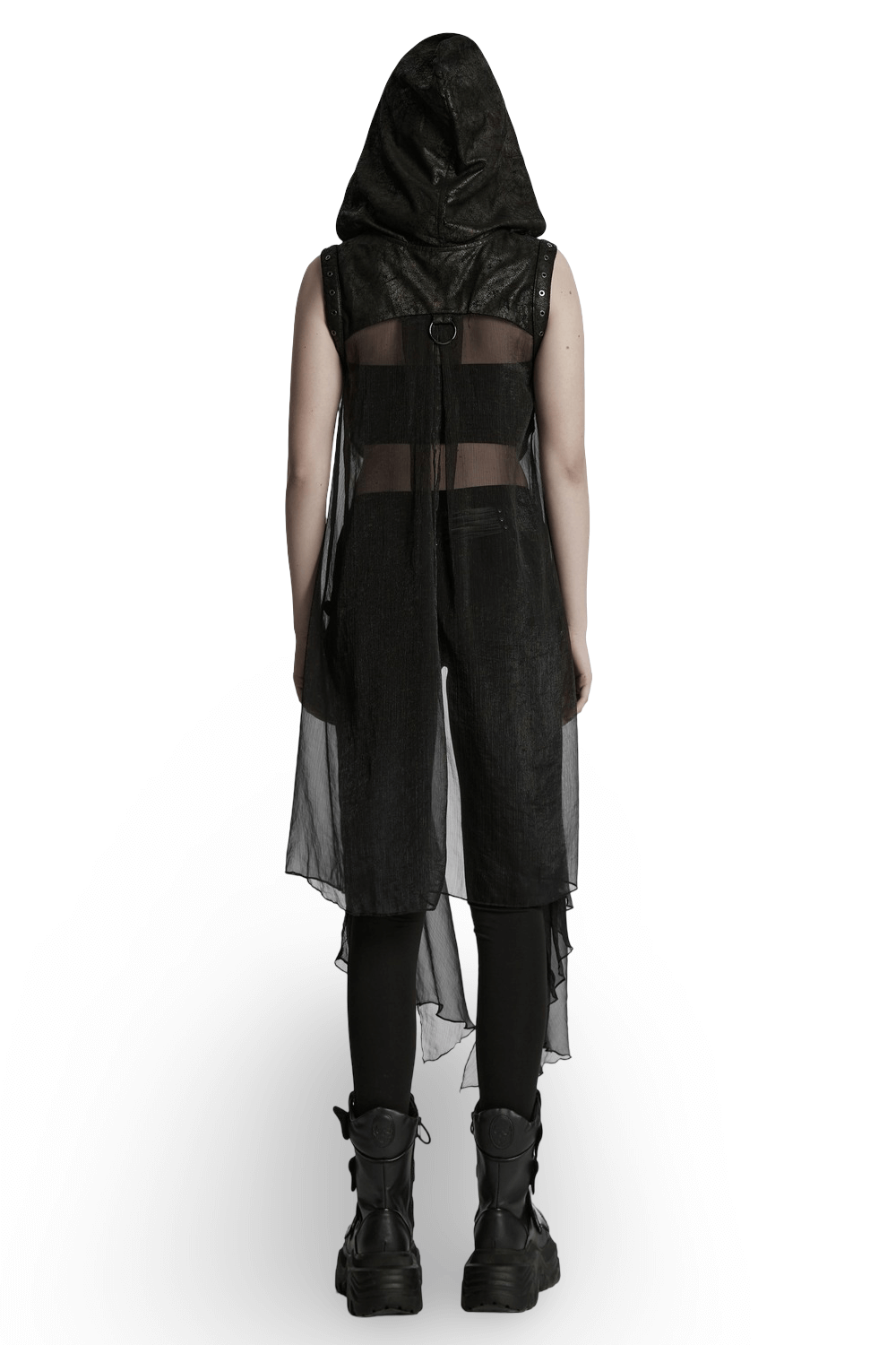 Back view of a punk hooded skeleton cape with sheer chiffon and metal rings, styled edgy with buckles.