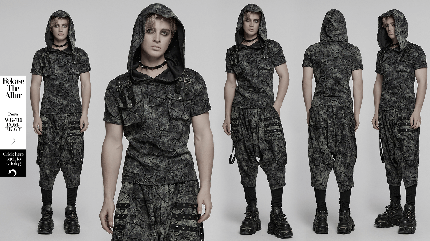 Punk hooded T-shirt with cracked texture, straps, and casual streetwear style.