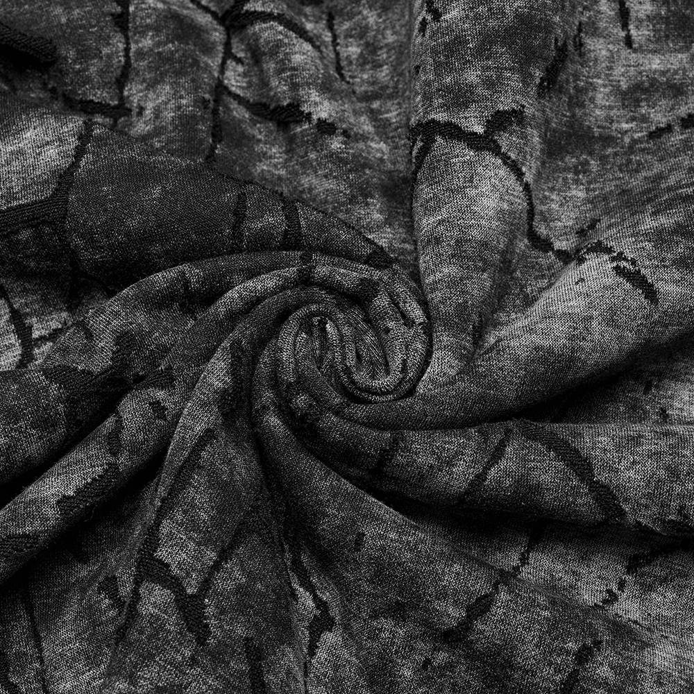 Close-up of cracked texture fabric in black for punk hooded T-shirt design, showcasing unique patterns.