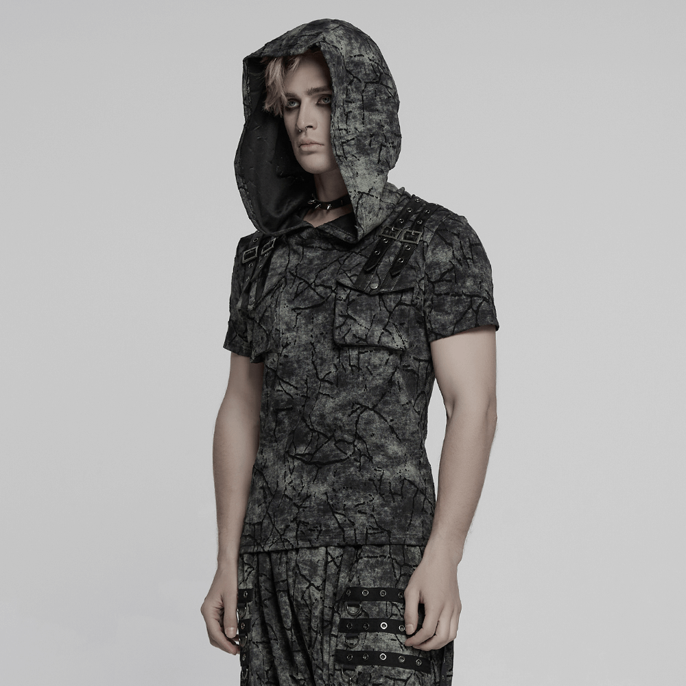 Punk hooded T-shirt with cracked texture and decorative straps, perfect for edgy streetwear.