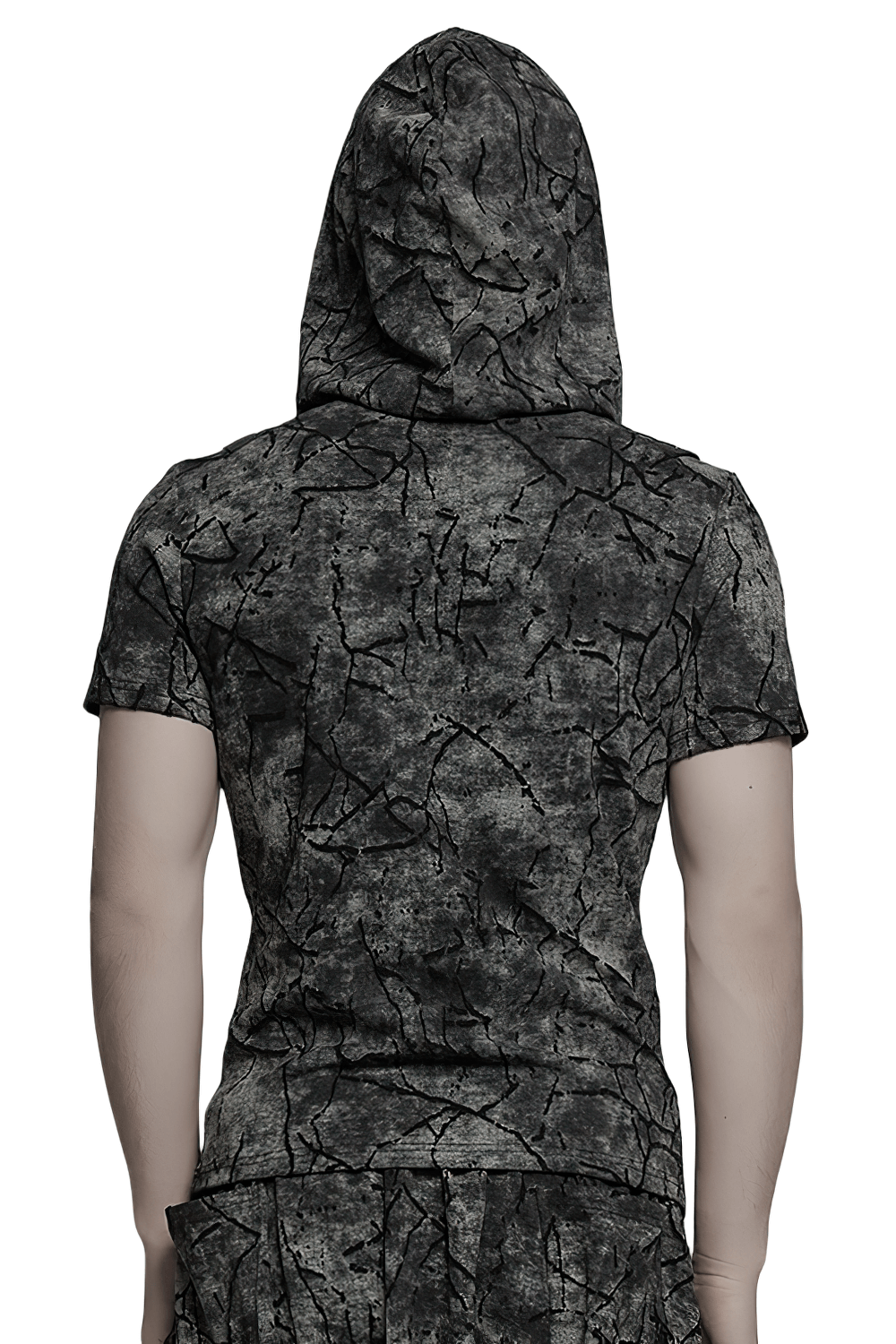 Back view of punk hooded T-shirt with cracked texture and hoodie, showcasing unique streetwear style.