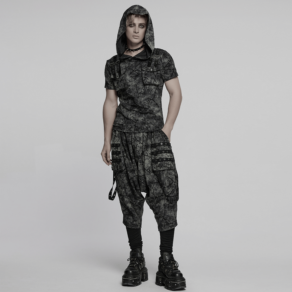 Punk hooded T-shirt with cracked texture and decorative shoulder straps, perfect for edgy streetwear.