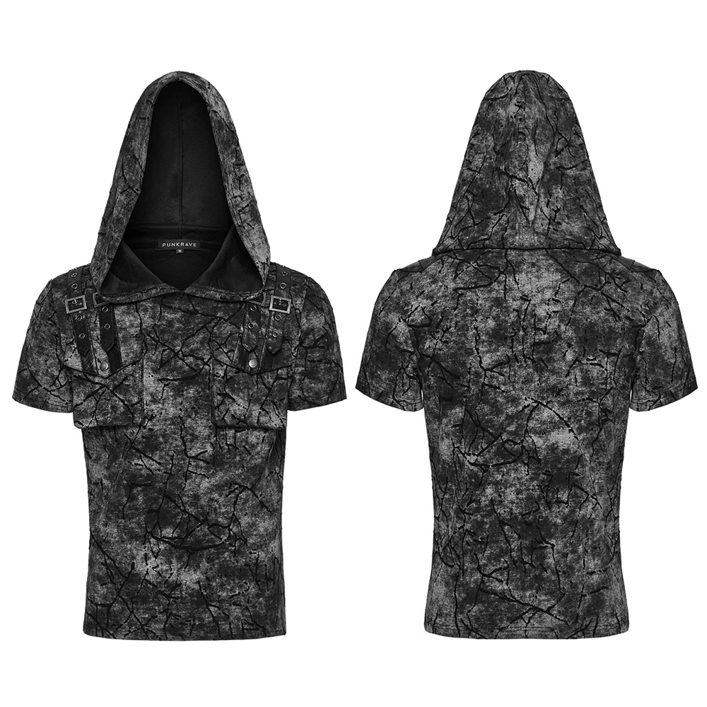Punk hooded T-shirt with cracked texture, decorative shoulder straps, and dual pockets for edgy streetwear style.