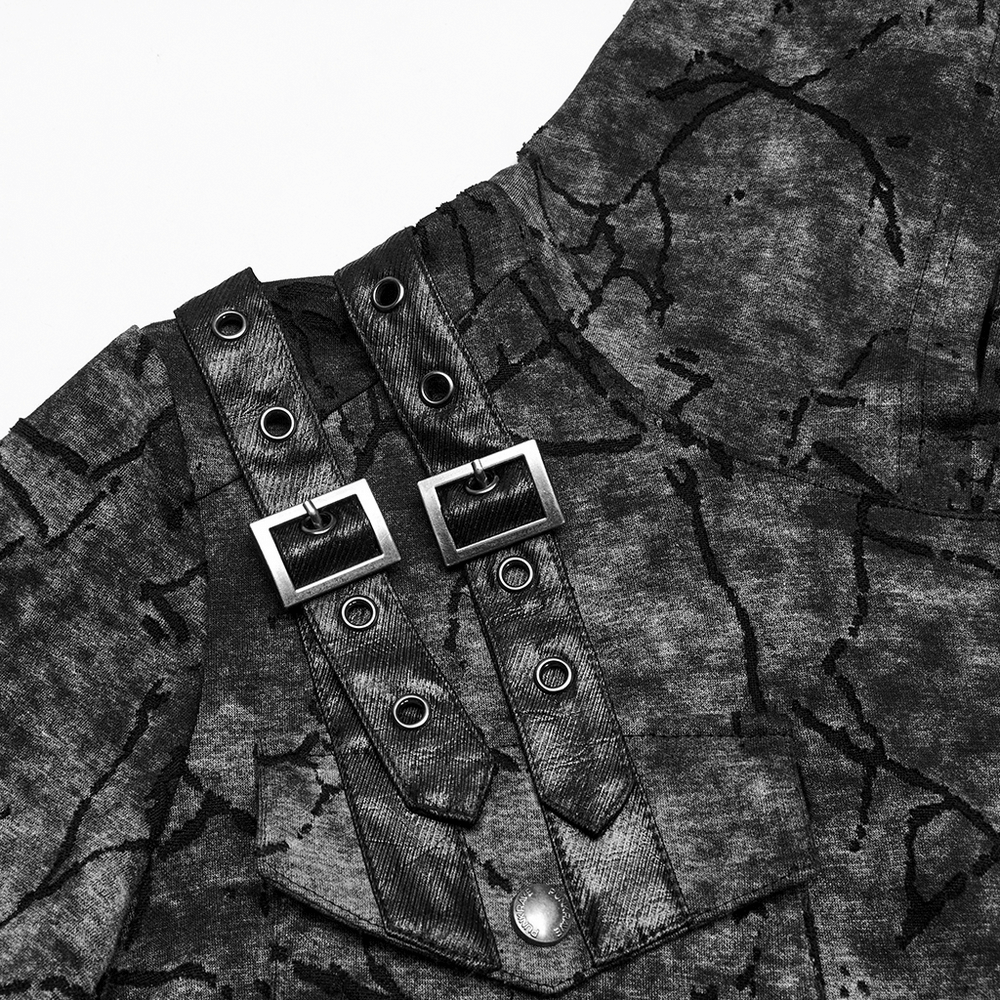 Punk hooded T-shirt with cracked texture and decorative shoulder straps in black and grey.