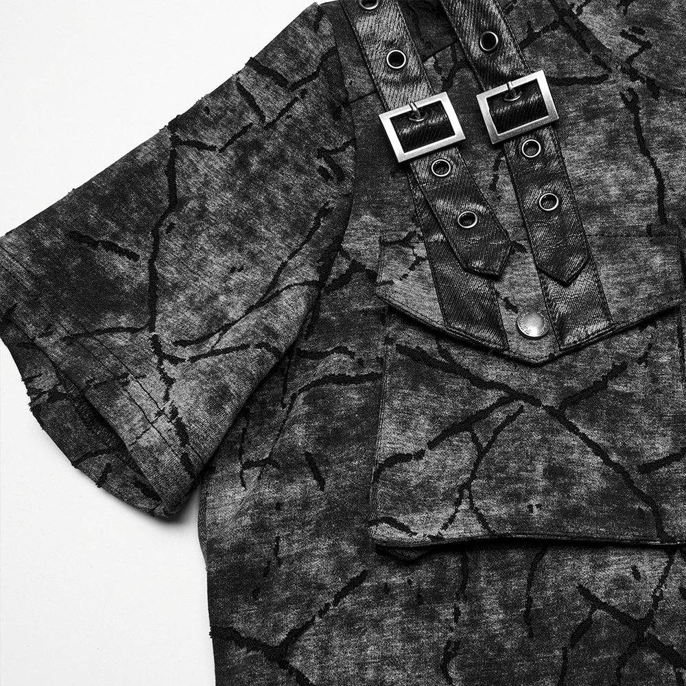 Punk hooded T-shirt featuring cracked texture, decorative straps, and dual pockets for an edgy streetwear style.