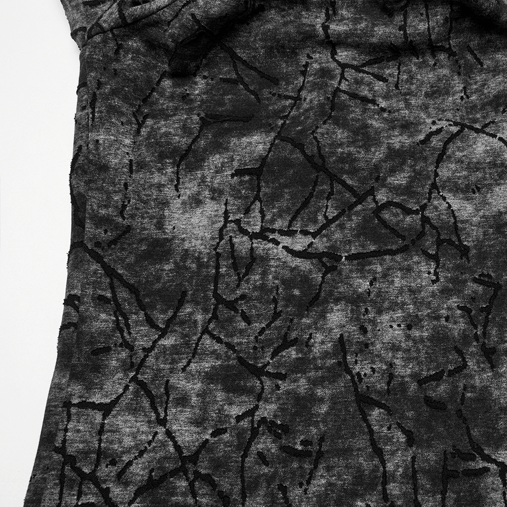 Close-up of punk hooded T-shirt with cracked texture design, showcasing its edgy style and fabric details.