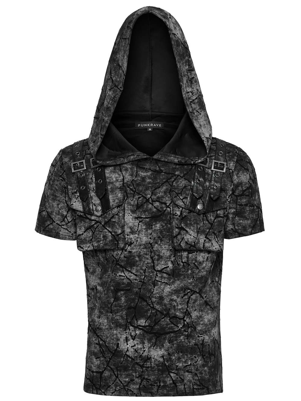 Punk hooded T-shirt with cracked texture, decorative straps, and dual pockets for edgy streetwear style.