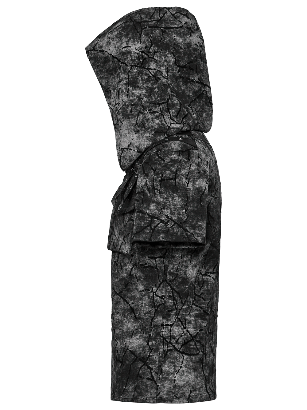 Punk hooded T-shirt in cracked texture with shoulder straps, perfect for edgy streetwear.