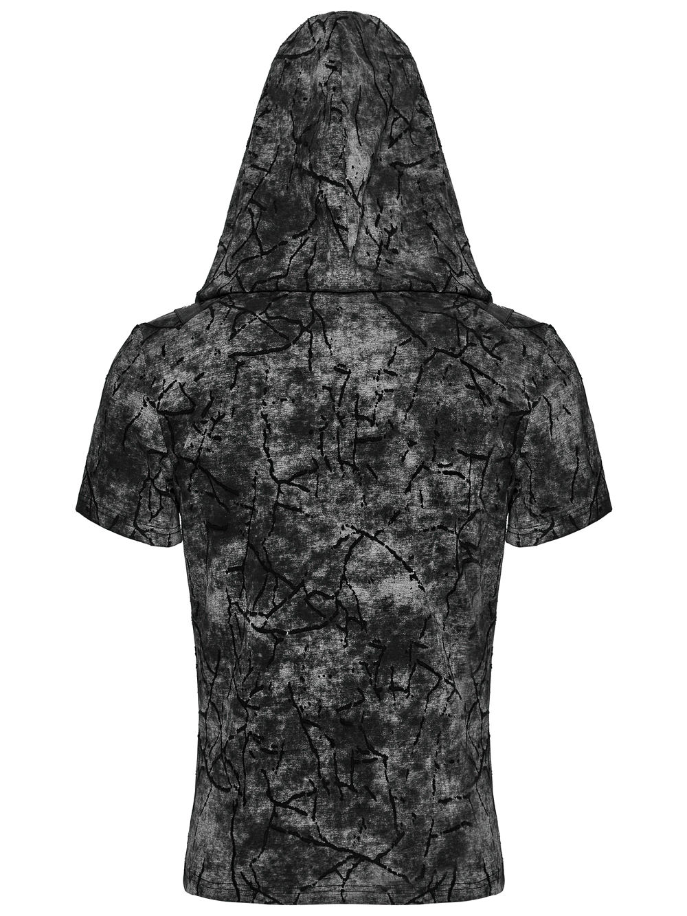 Back view of punk hooded T-shirt with cracked texture and decorative straps for edgy streetwear.