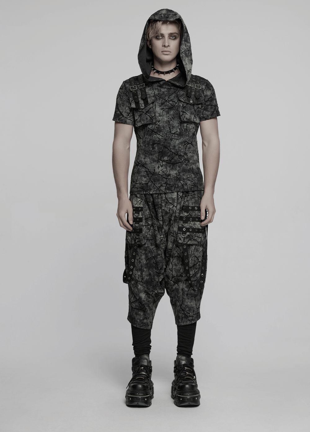Punk hooded T-shirt with cracked texture, pockets and straps, perfect for edgy streetwear style.