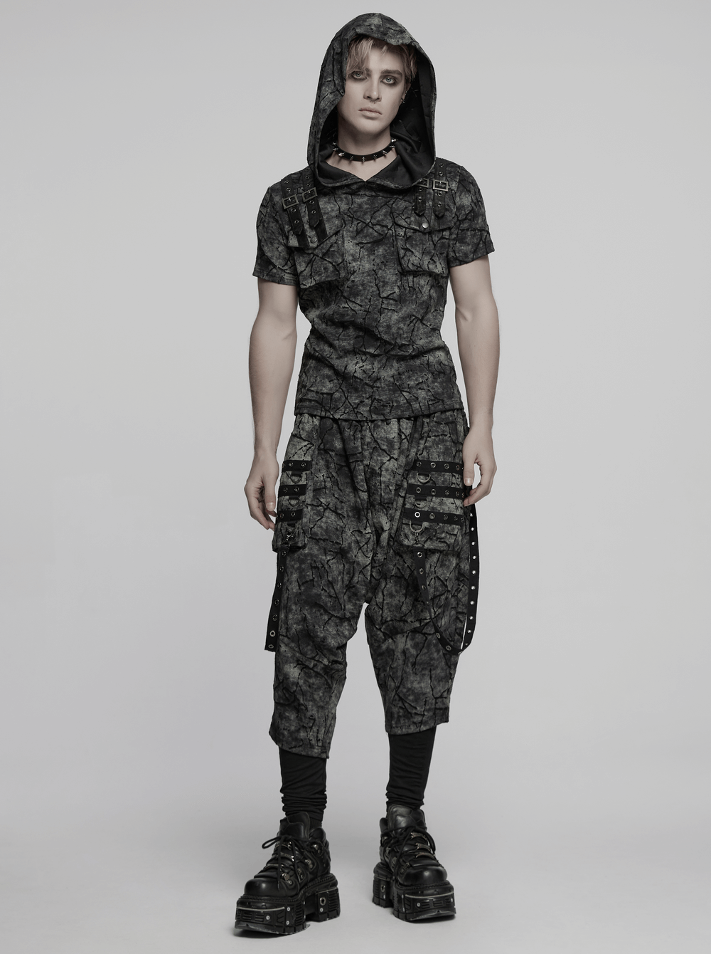 Punk hooded T-shirt with cracked texture, dual pockets, and bold straps, perfect for edgy streetwear style.