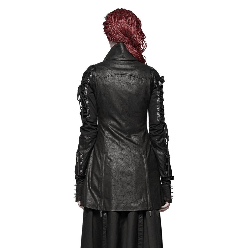 Punk-Inspired Rubberized Coat with Laces Detail - HARD'N'HEAVY