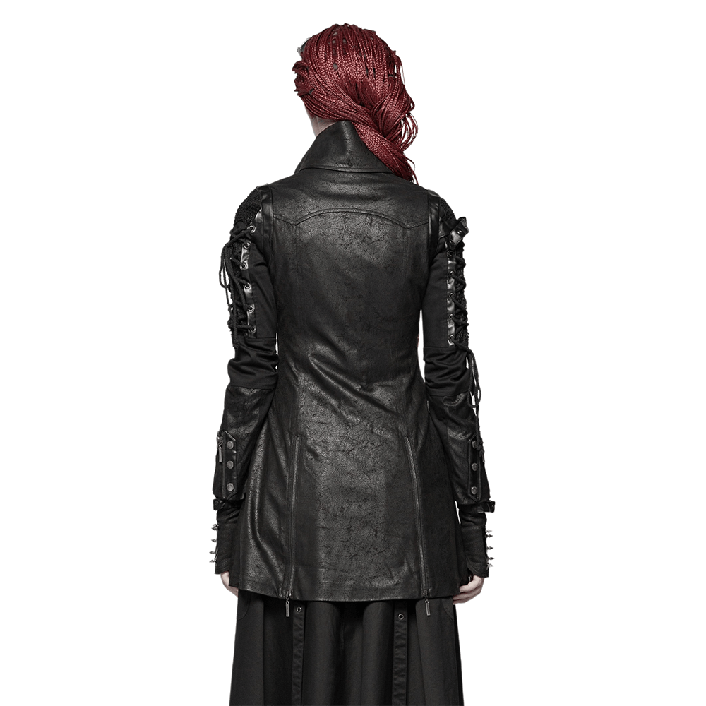 Back view of a punk-inspired black rubber coat with lace detailing and adjustable straps.